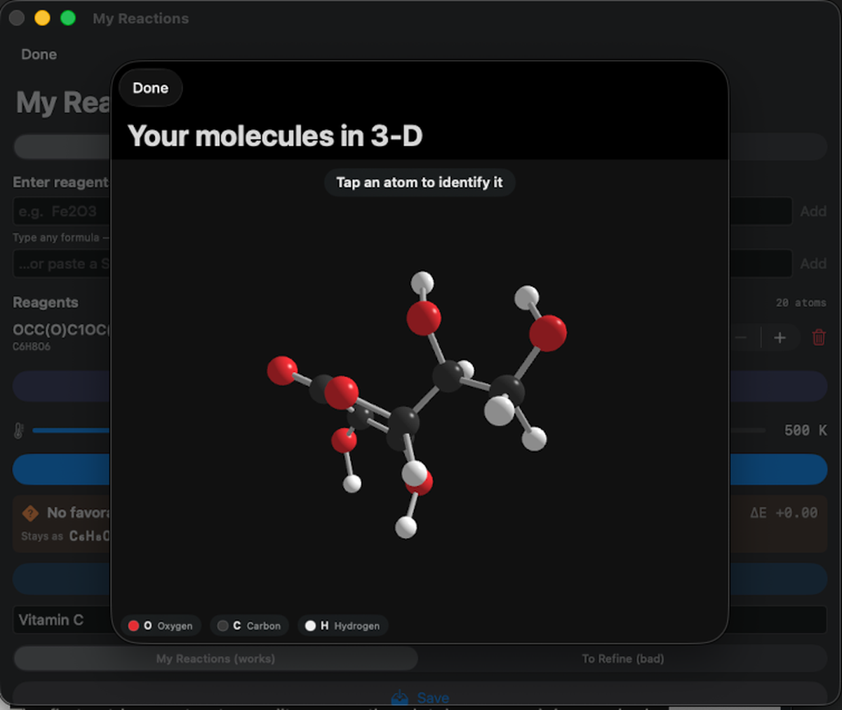 Aufbau My Reactions: Vitamin C entered by SMILES and shown as a rotatable 3-D ball-and-stick structure with a CPK element legend, over the reaction build screen